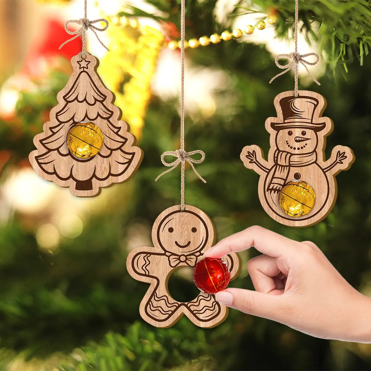 TEMU 2d Flat, 3pcs Christmas Ornament Set - 2d Flat Printed Artificial Wood Holiday Decorations With Gingerbread For Man, Snowman & Tree Shapes -