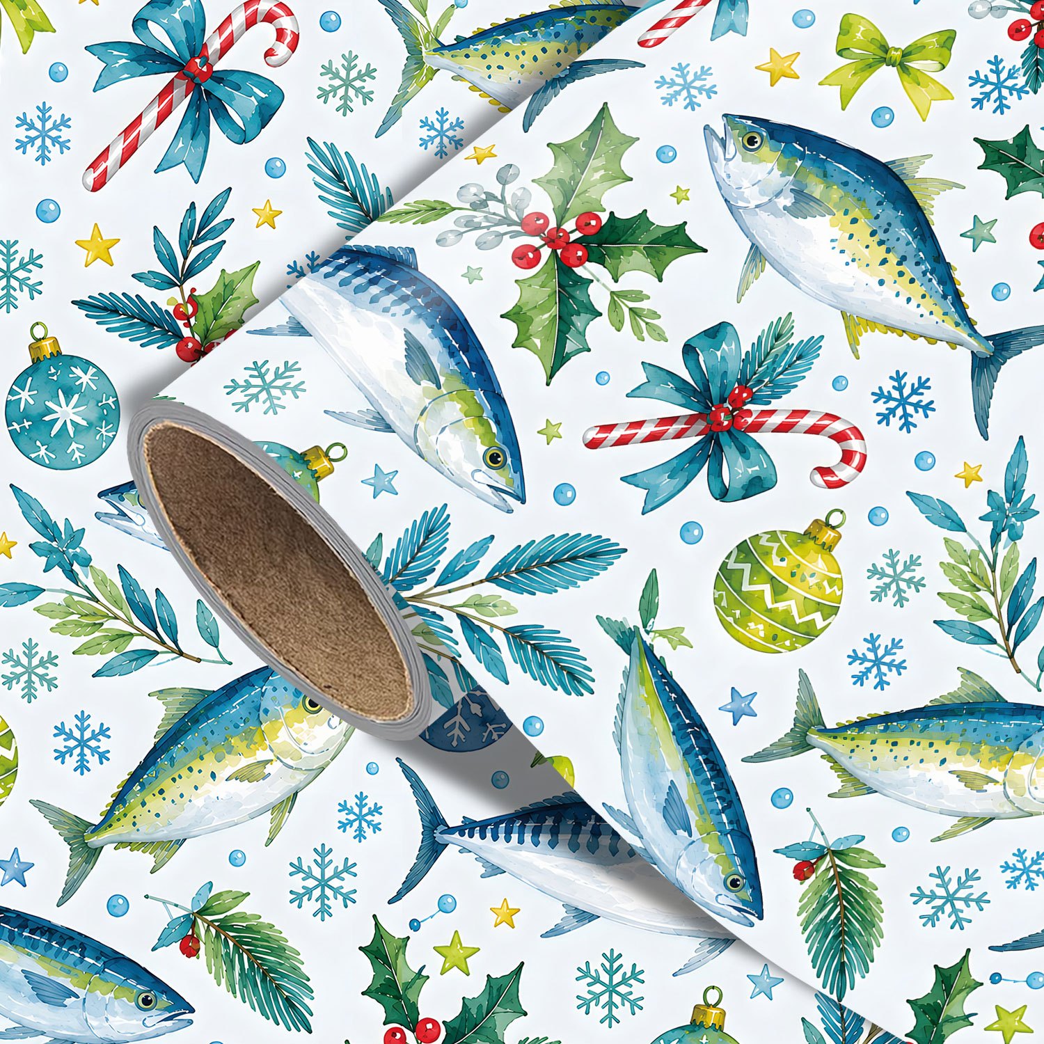 TEMU Rouleau de de Noël sur le thème des poissons - 17.7 X 118 pouces, emballage cadeau de Noël unique avec poissons de Noël, de neige, feuilles de
