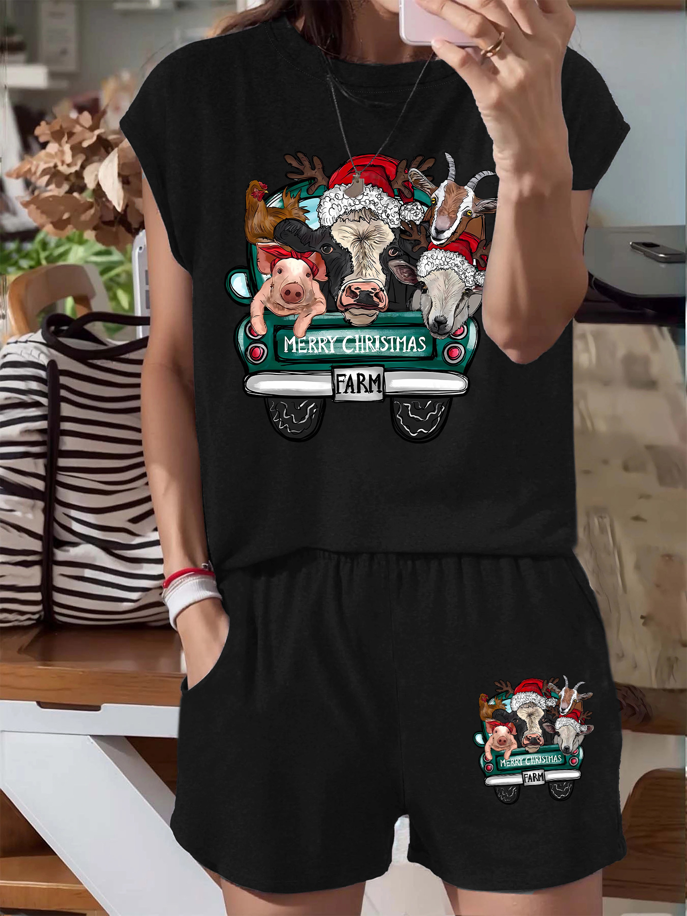 conjunto camiseta shorts mujer casual navidad tema granja Temu