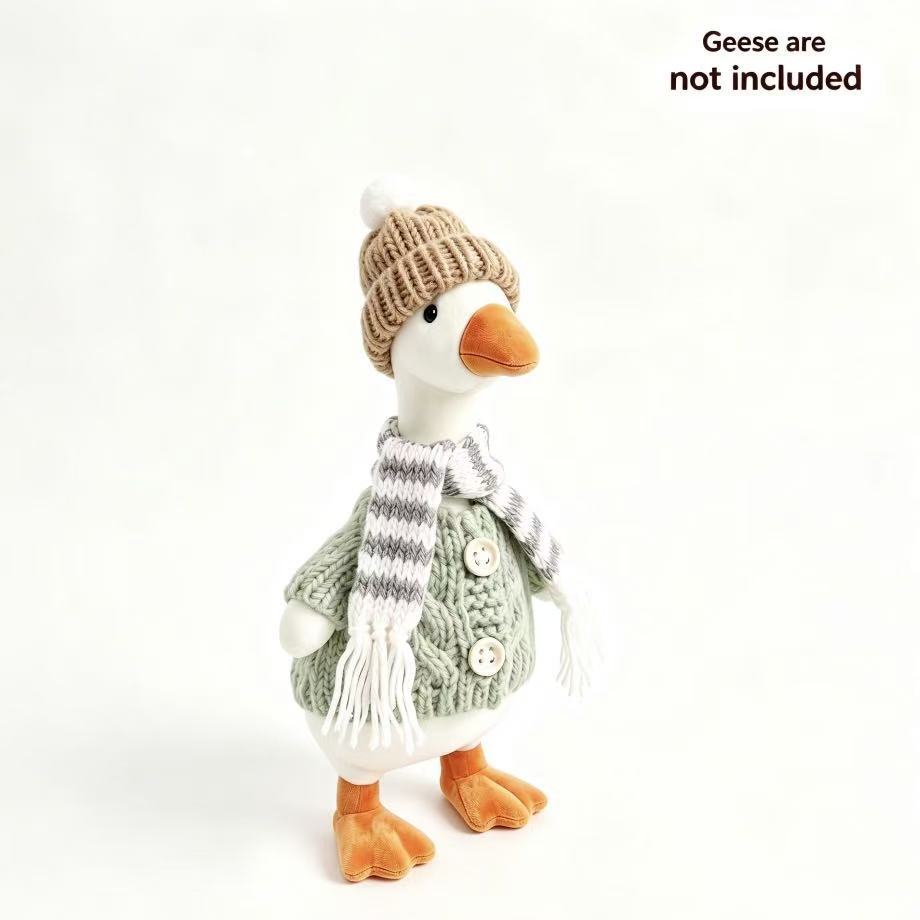 TEMU Bohemian Style Desktop Goose Set - Includes Pom-pom Knit Hat, Light Green Button-up Jacket, Gray Striped Scarf. Suitable For Christmas, Easter,