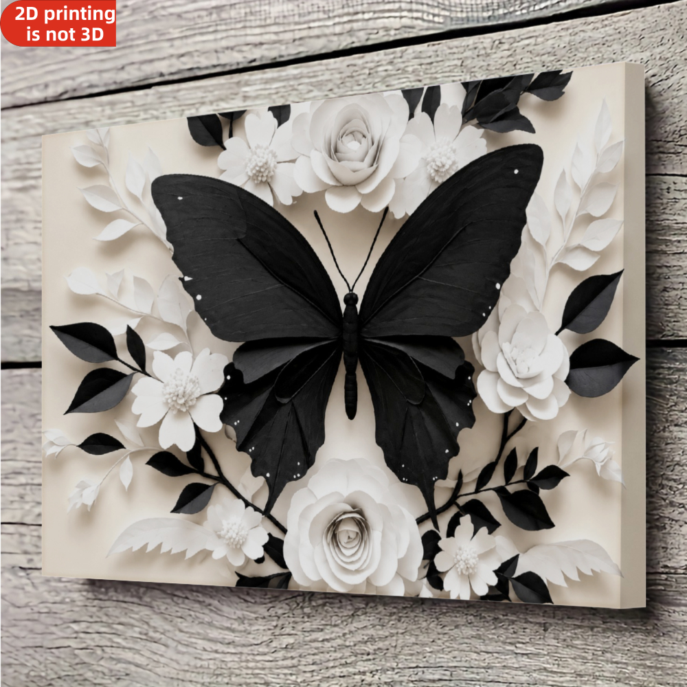 TEMU Art mural sur toile encadrée 2D plat, 1 pièce - Impression florale et blanc, convient pour la décoration du salon, de , du bureau - monochrome
