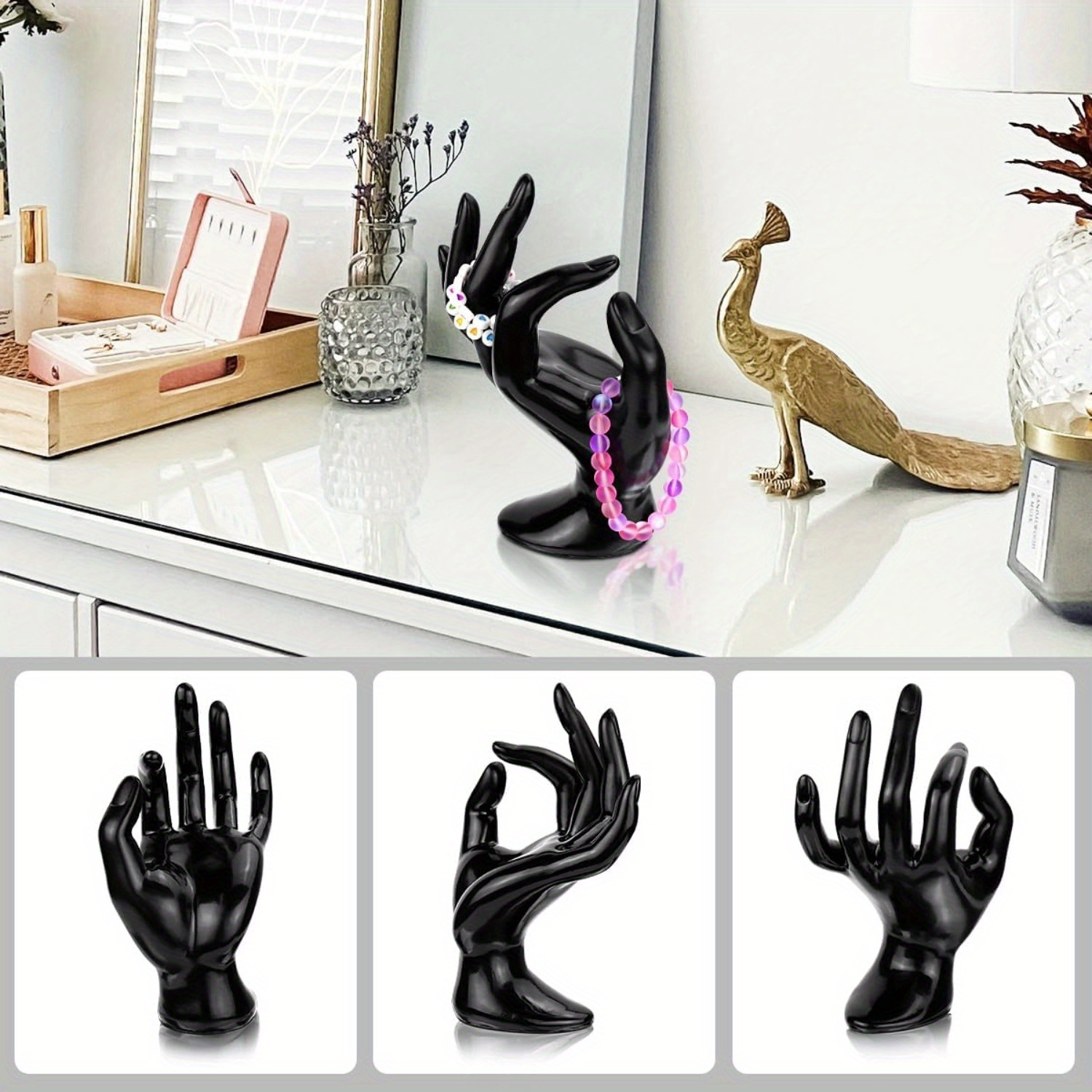 3 pack   black jewelry display stands sturdy base mannequin hand organizer with for     assembly needed jewelry rack for rings bracelets watches earrings space saving countertop or shelf storage jewelry organizer storage home organization   durable plastic home organizers   Product details 7