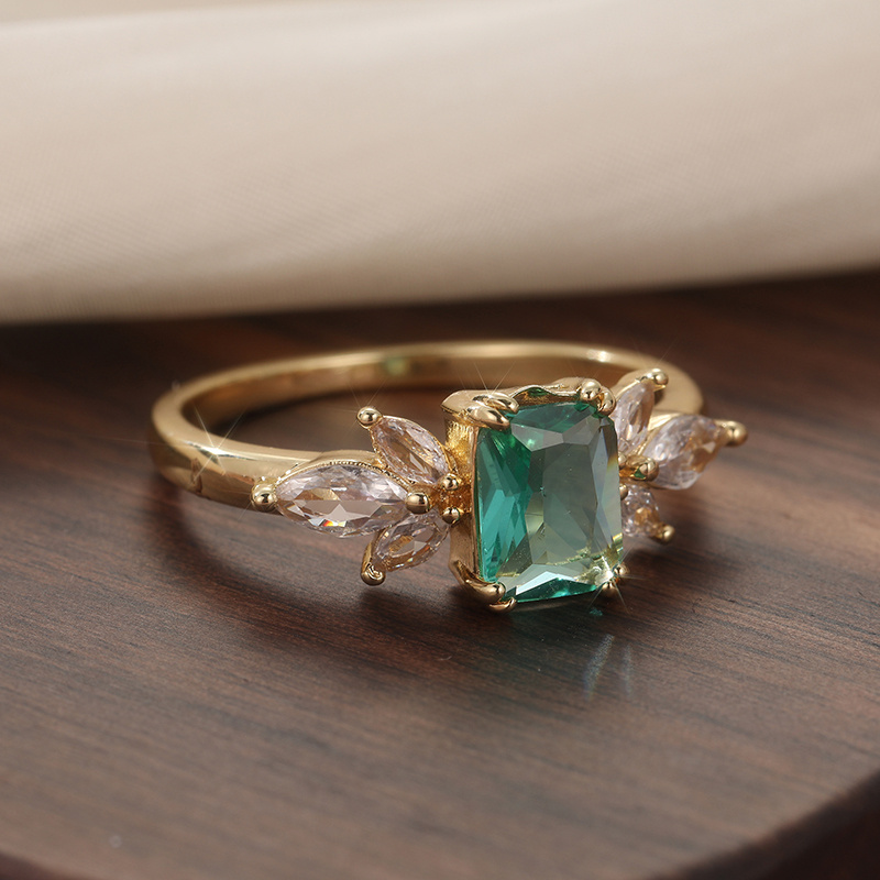 Emerald Leaf CZ Ring Geometric Nature Inspired Boho Wedding Jewelry