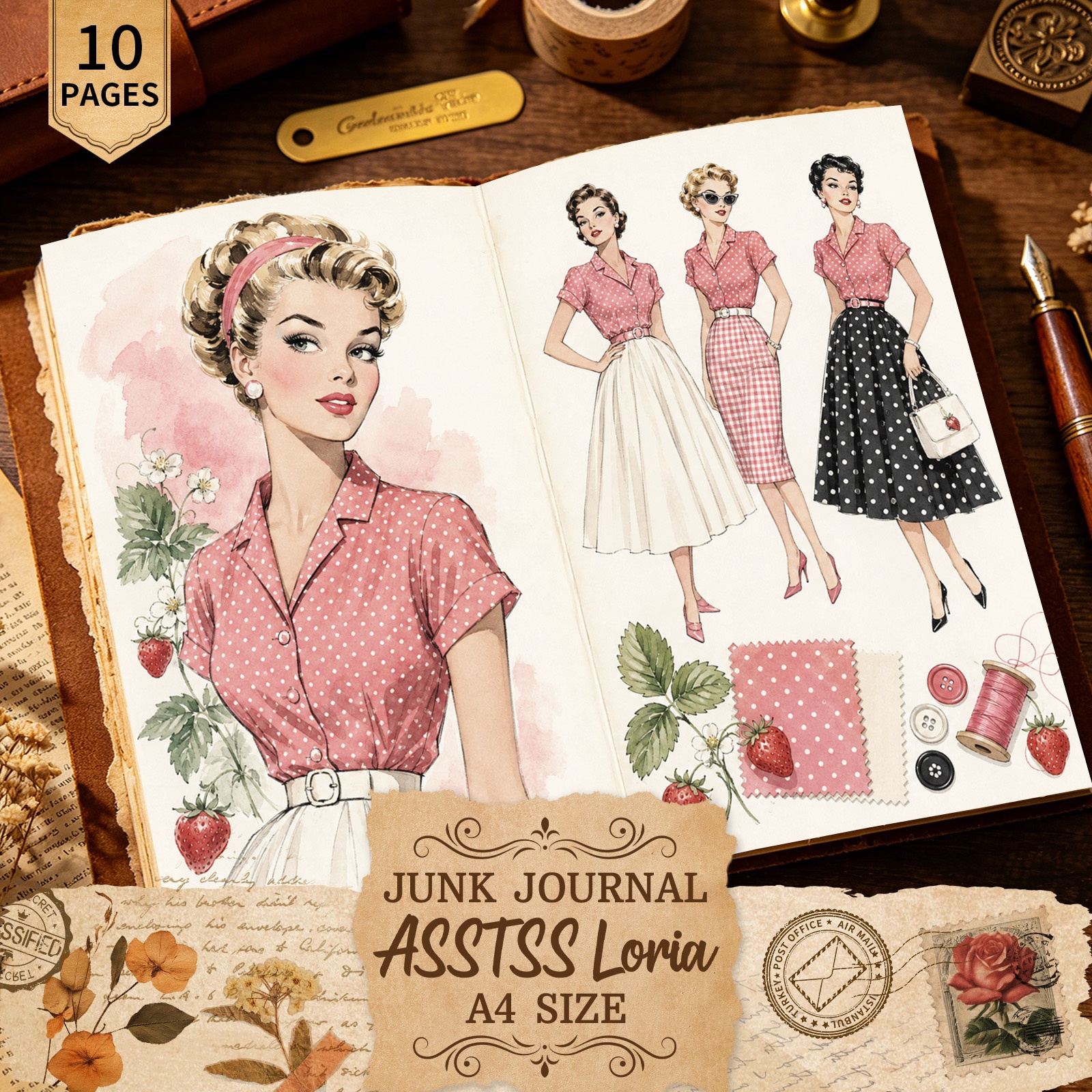 TEMU Asstssloria 10 Sheets A4 2d Flat Vintage 1950 Women's Summer Dress Decorative Paper, Handcrafted Junk Journal And Decorative Craft Paper, Craft