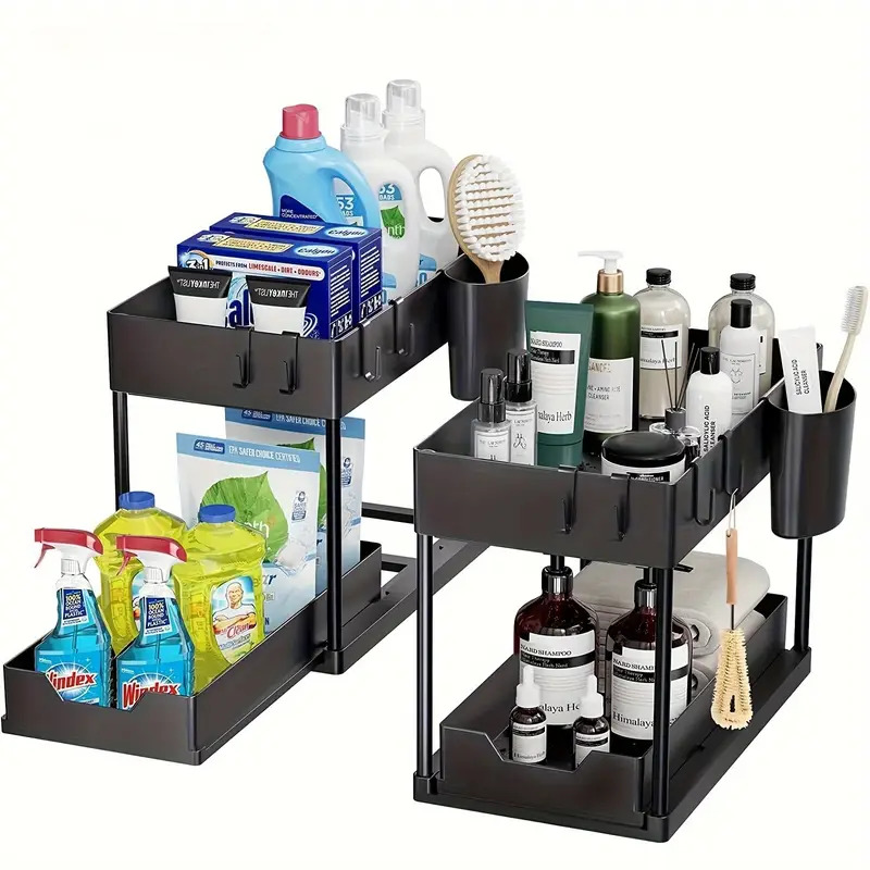 2-Tier Large-Capacity Pull-Out Storage Organizer - Durable Plastic Space-Saving Design with Easy-Access Drawers for Kitchen, Bathroom & Home Organization - Multi-Compartment Storage for Cleaning Supplies, Toiletries, Cosmetics - Modern Home Organization Solution, Bathroom Organizers And Storage, Sleek Design, Sturdy Construction, Pullout Organizers