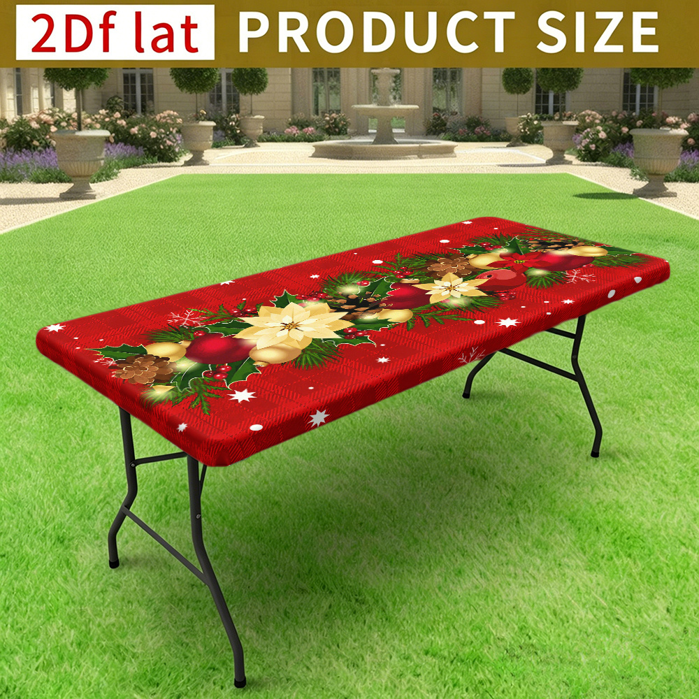 TEMU 1pc Rectangular Christmas Holiday Elastic Tablecloth, Red Buffalo Check Pattern Christmas Red Holly Snowflake Printed Tablecloth, Suitable For