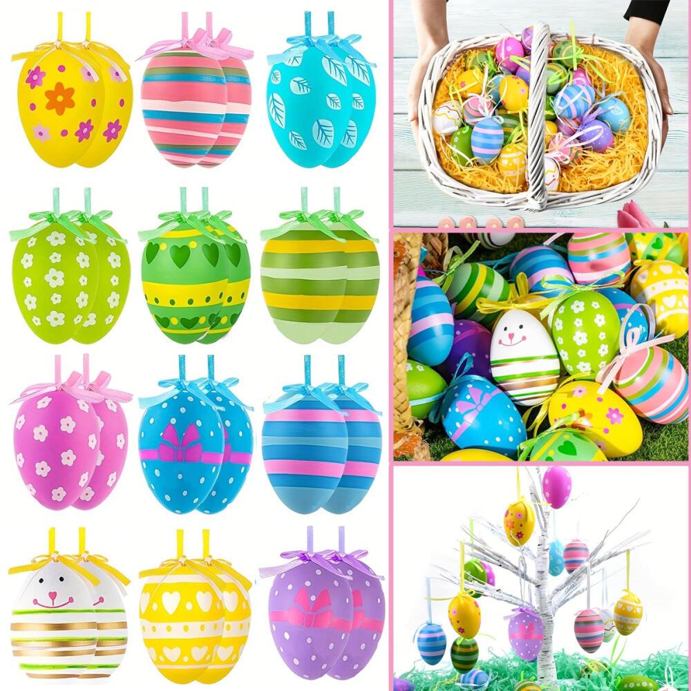 

24pcs Plastic Easter Egg Hanging Ornaments With Bows - Assorted , Wave, Point Designs For Diy Crafts, Tree Decoration, And Party Favors - No Electricity Needed