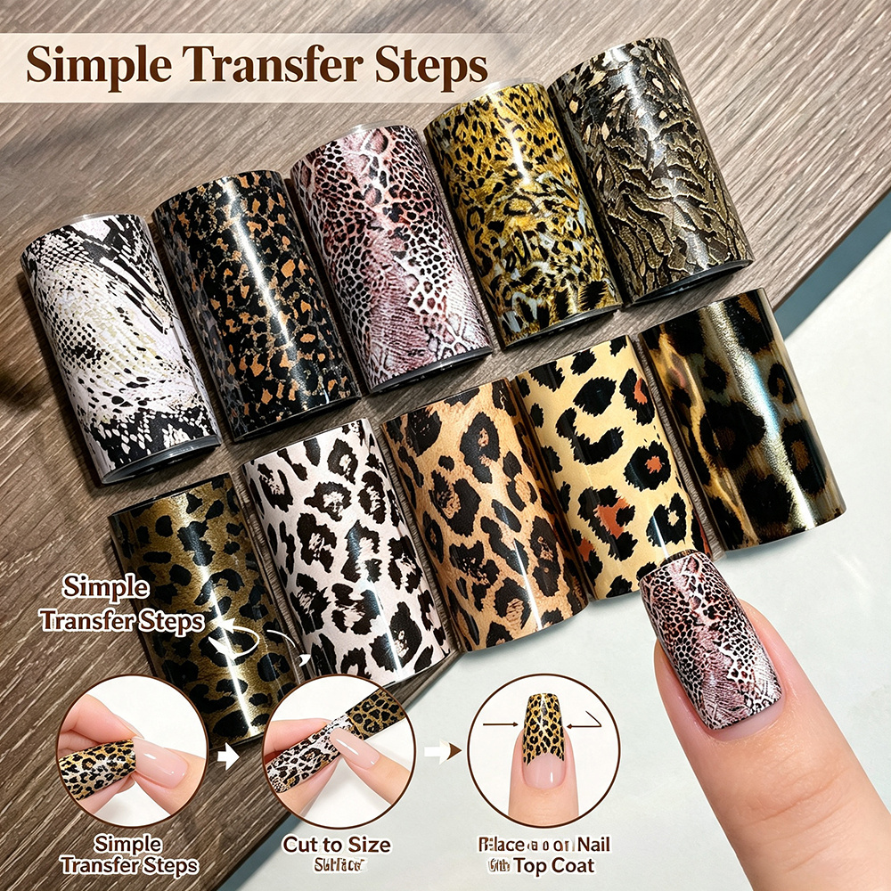 TEMU 10pcs Set Elegant Leopard Print Lace Flower Nail Art Transfer Stickers, Lace Leopard Print With Small Floral Border, Korean And Design, Diy Nail