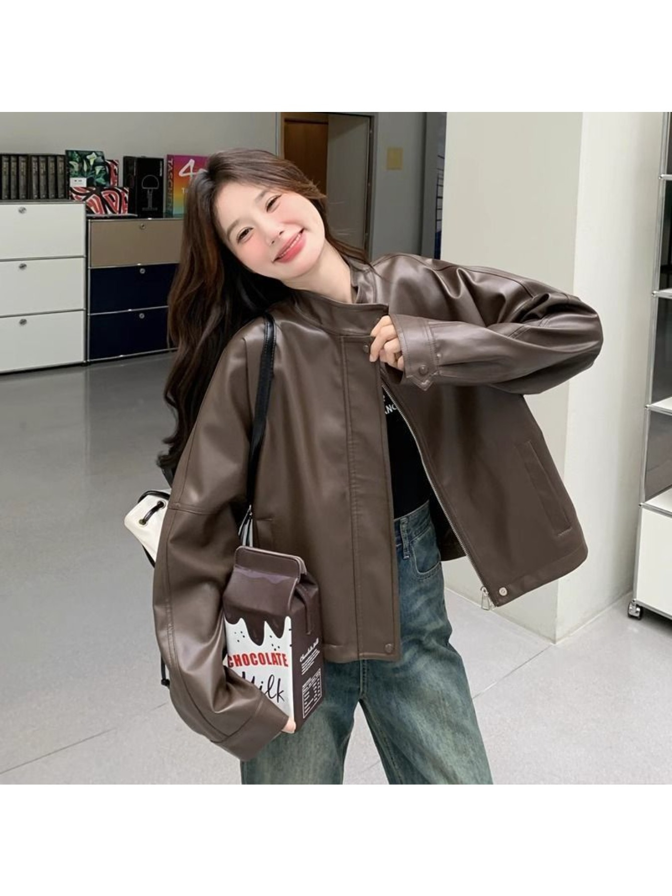 leather brown jacket sold on Temu United States