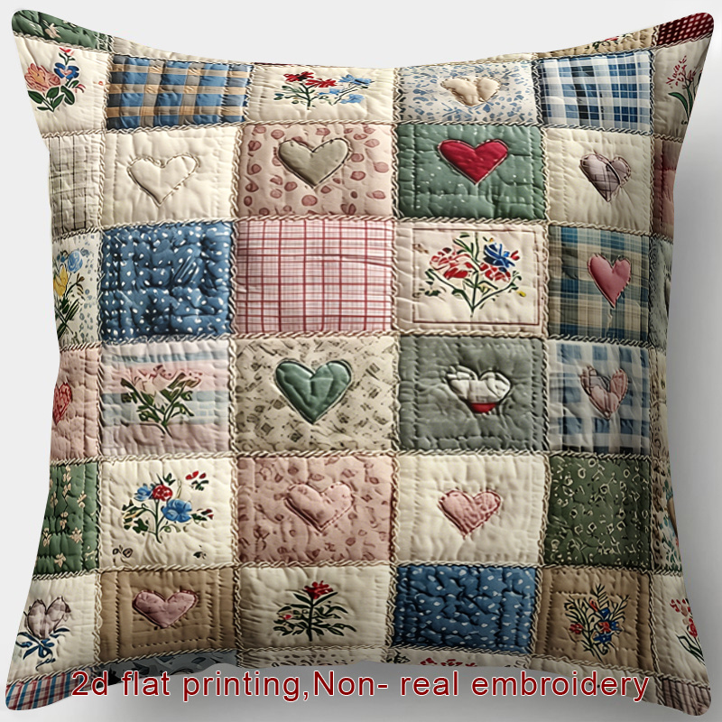 TEMU 2d Flat - 1pc, 2d Flat Printing, Zipper Throw Pillow Cover, Suitable For Countryside Pastoral Theme Pillowcases, Heart-shaped, Floral, Plaid,