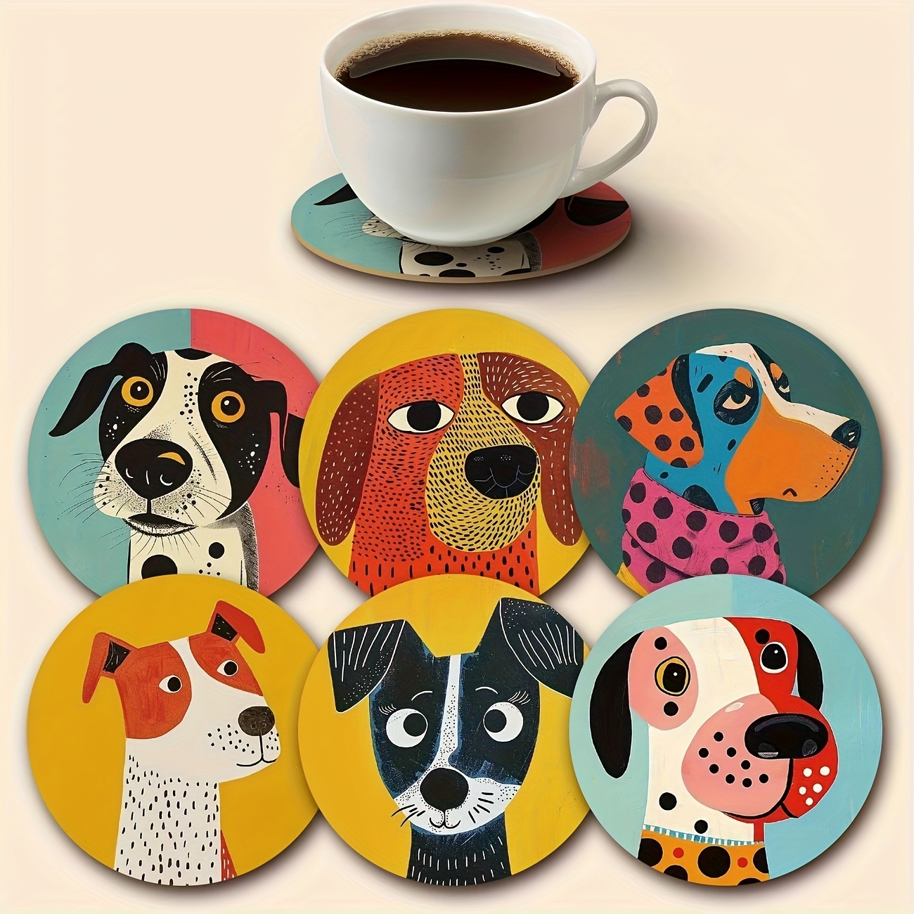TEMU Set Of 6 Dot-patterned Dog Coasters, Wooden Drink Coasters, Essential For Holidays Gatherings, Suitable For Bars, Offices, Homes, And Occasions