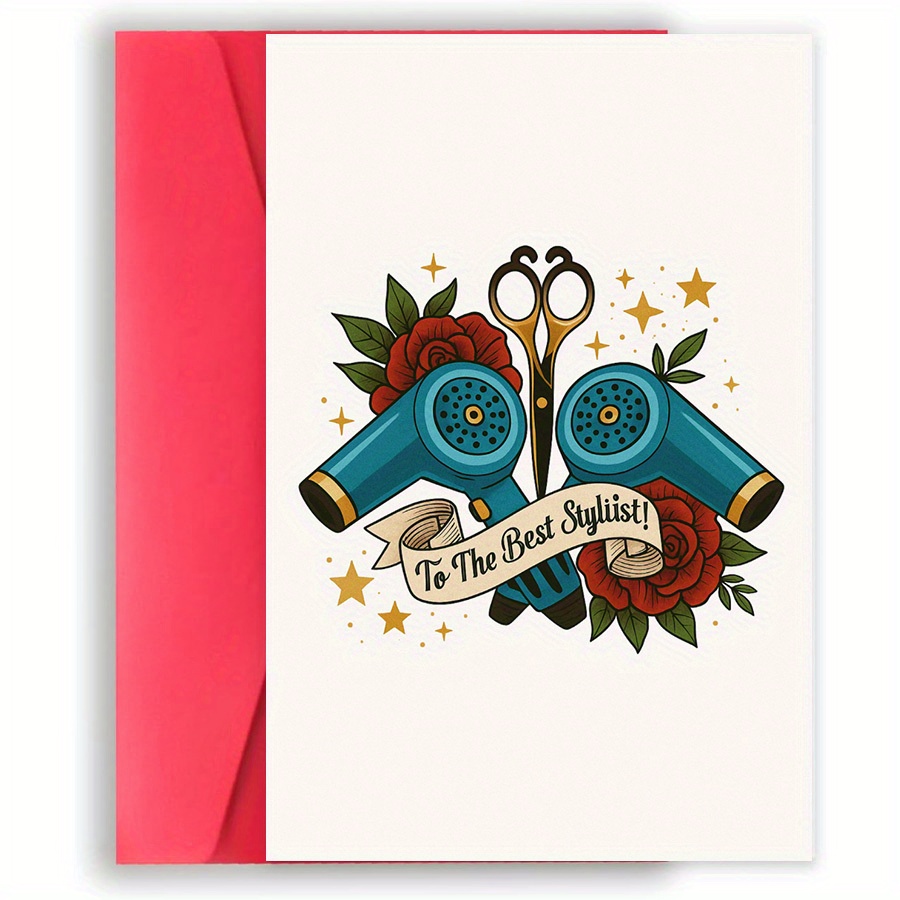 TEMU 1pc Whimsical Cartoon Hairdryer & Scissors Design Stylist Appreciation Card - Thank You Card For Hairdressers, Salon Professionals, Birthday Or