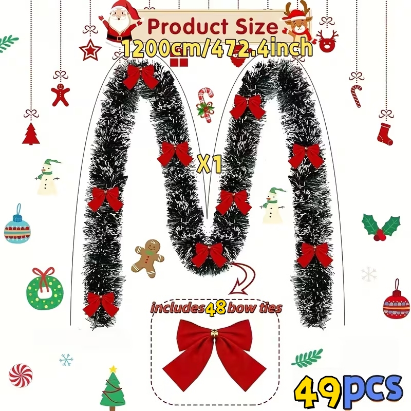 TEMU 49-pack - 12 Meters Ultra-long Realistic Christmas Artificial Pine Branch Wreath, Includes Dark Snowflake Tips And Red Bows - Durable Plastic
