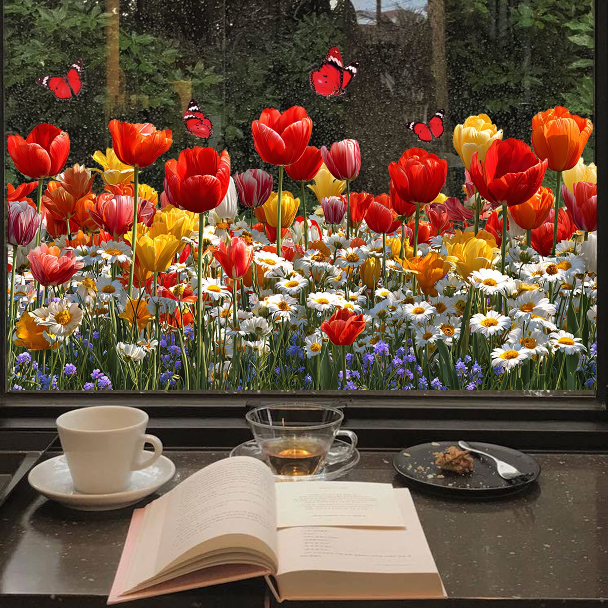 TEMU 2D Flat - 2D Flat - 2D Künstliche Blumen und Schmetterlinge Busch, statische Fensteraufkleber, frische Gartenstil Fensterdeko für Schlafzimmer
