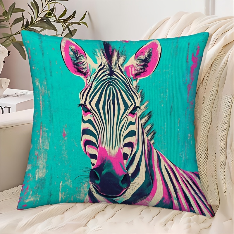 TEMU 1pc Vibrant Zebra Pop Art Pillow Cover, 45.72x45.72cm Polyester Short Plush Decorative Pillowcase With Zipper Closure - Modern Living Room And
