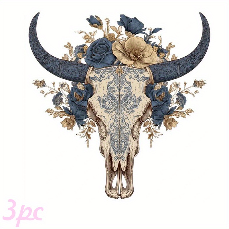 TEMU 3pcs. Bull Floral Pattern Heat Transfer Stickers, Diy Iron-on Patches, T-shirt Iron-on Transfers, Pillow Decor - , Durable, Washable Plastic Diy