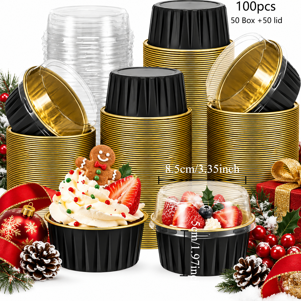 TEMU 100 piezas (50 cajas + 50 tapas) Vasos para postre, Tazones para postre, Vasos para postre, Vasitos para cupcakes, Vasitos para hornear cupcakes