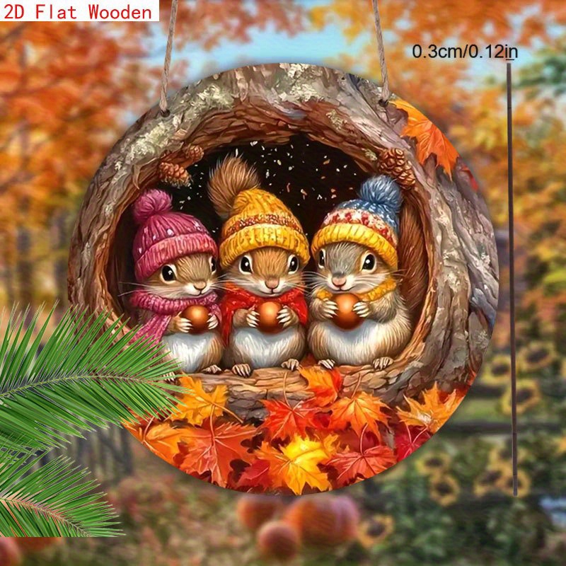 TEMU 2d Flat Retro Autumn Squirrel Wooden Wall Decor - 7.75-inch Round Rustic Style Ornament, Featuring Cozy Squirrel, Fallen Leaves And Berries,