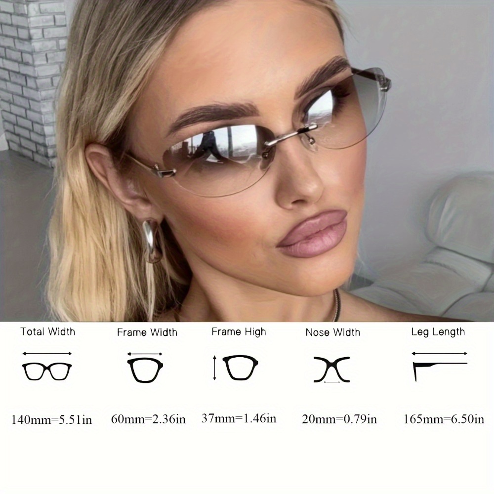 Oval Glasses Without Frames for Women - a Y2K Retro Futuristic Design Featuring Metal Details, Made from Lightweight Polycarbonate, Street Style And Makeup Photography