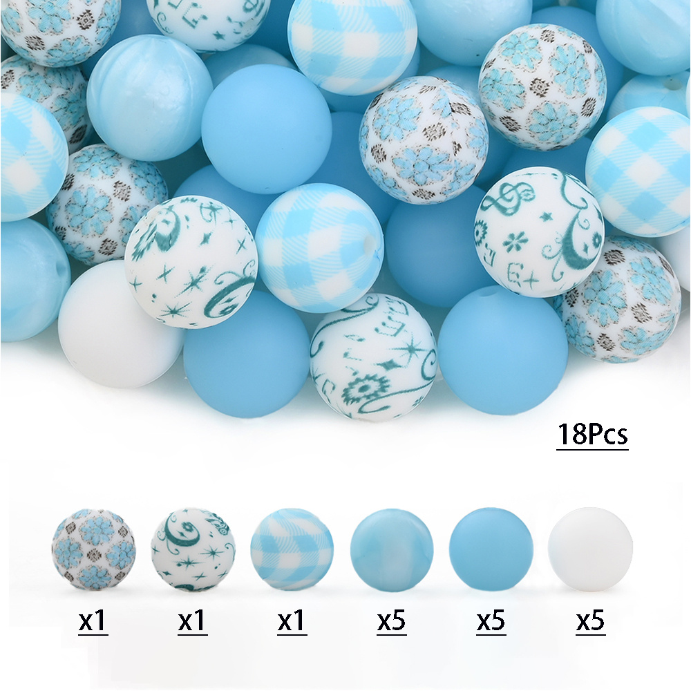 E-shop 18-tlg. Schmuck-Bastelset für Armbänder, Perlenstifte Handy-Anhänger – 15 mm Silikonperlen in blauem -Karo einfarbigen Farben – Lose