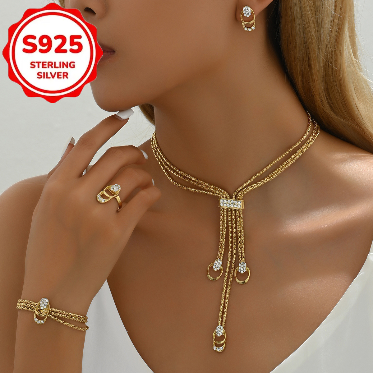 TEMU S925 Argent 5pcs/ 1 Set de Nouveaux , Boucles d'Oreilles et Bagues pour Femmes, Simples et Fraîches, Associés à des Strass pour un Usage et des