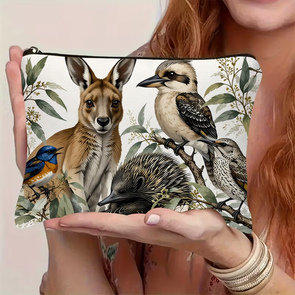 TEMU 1pc 2d Flat-printed Australian Wildlife Cosmetic Bag, With Vibrant Kangaroo, , Colorful Birds & Eucalyptus Foliage Print, Zipper Closure,