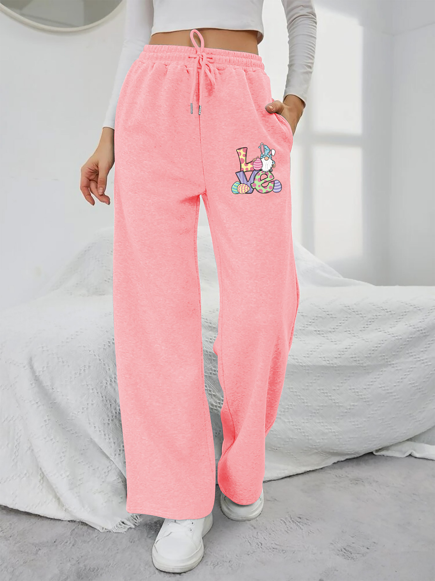 women's pink graphic print straight leg sweatpants elastic Temu