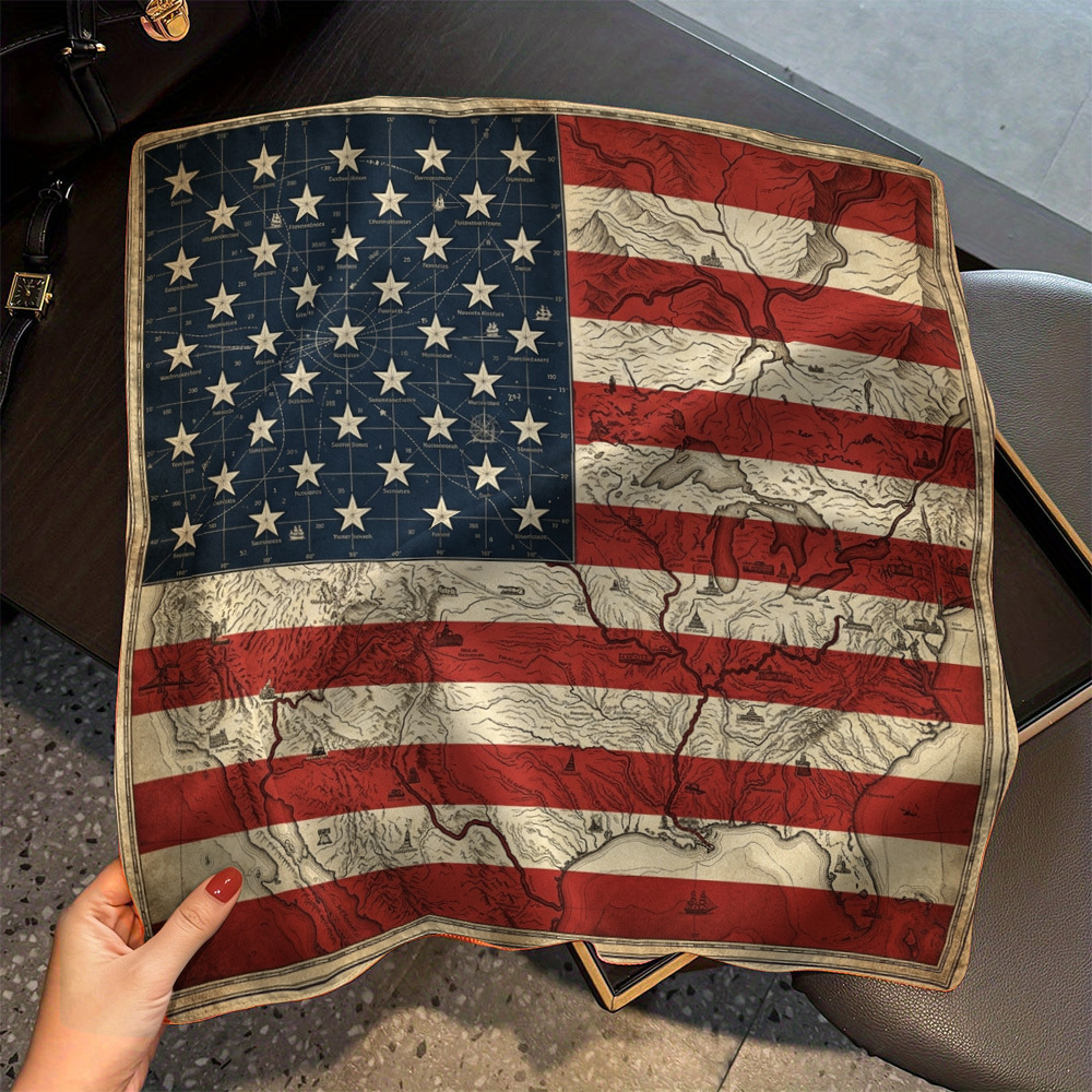 TEMU 1pc 35.4/17.7-inch American Flag And World Map Vintage Patriotic Americana Scarf, Breathable Wrap, Lightweight Travel Casual Accessory,