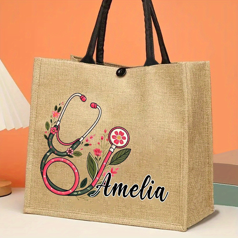 TEMU Sac de Transport Médical Personnalisé avec Nom - Cadeau d'Appréciation pour Infirmières et Médecins, Design Stéthoscope Floral en Jute, Sac