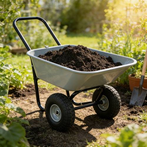 two wheeled cart garden cart with 10 inch pneumatic wheels gray durable iron and plastic construction no electricity required