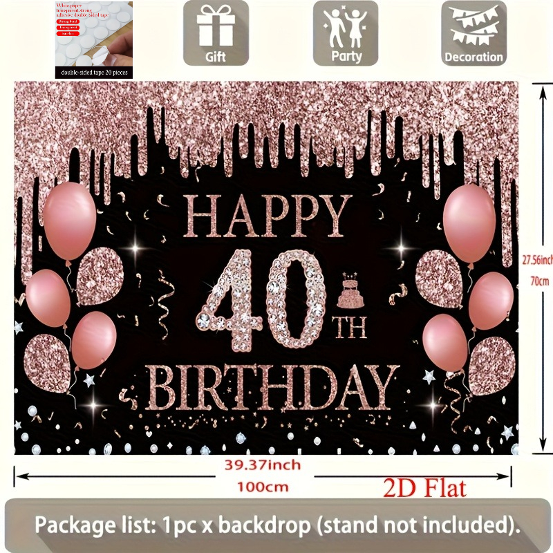 TEMU 2d Flat, 2d Flat 2d Flat [party Banner] 1-pack Happy Birthday 40th Birthday Balloon Glitter Diamond Backdrop, Party Decoration,, Party