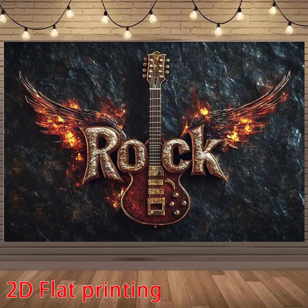 TEMU 2d Flat, 2d Flat - 2d Flat, 2d Flat - 1pc 2d Flat Printed Rock Guitar Backdrop With | Polyester Rock Theme Wall Decor, Suitable For Birthdays,