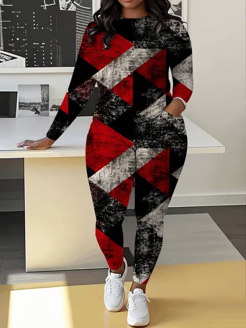 fashionable and casual womens clothing set red black and gray geometric digital printed round neck long sleeved t shirt top with pocket long pants suit spring summer and autumn long sleeved suits for home and out