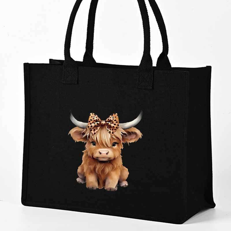 TEMU Cute Highland Cow Print Tote Bag - Black With White Print, Large Capacity With Fixed Shoulder Straps, Stylish Tote For And Work, With Durable