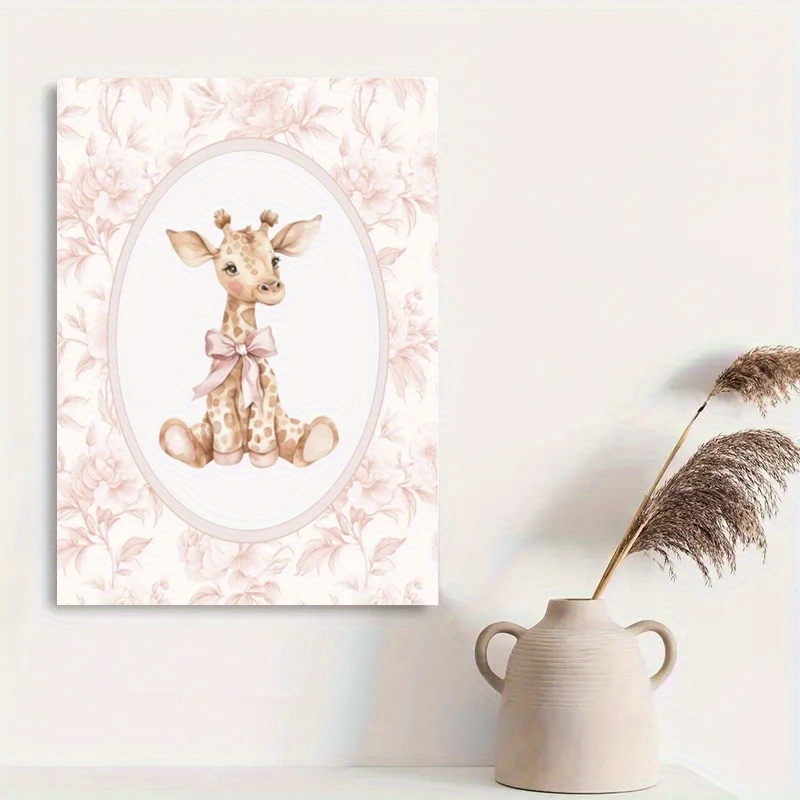 TEMU 1pc Vintage Giraffe Wandkunst Poster - Roze Bloemen Canvas Print met Boog, Retro Dieren Thema Decor voor Meisjes Slaapkamer, Badkamer, Slaapzaal