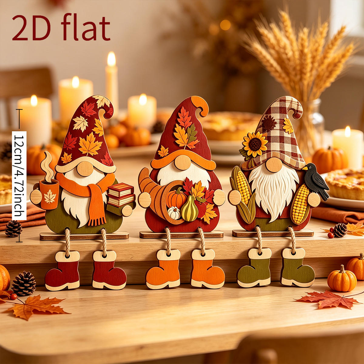 TEMU 2d Flat 3pcs Wooden Craft Set, Autumn Warm Brown Palette, , Pumpkins, Sunflowers, Elements, With Hangable Small Boots, Faceless Goblin Cartoon