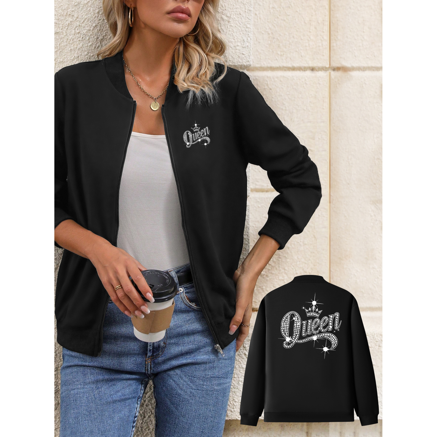 

1pc Veste décontractée en polyester pour femme avec imprimé "Queen", manches longues, col , fermeture éclair avec poches, vêtement d'extérieur en pour toutes les