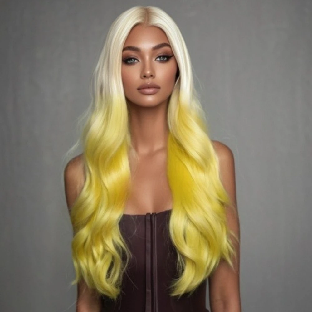 omber yellow human hair wig 13x6 hd lace front body wave 30 inch 200 density natural look wig for women colored blonde to dark ombre gradient all versatile hairpiece elegant hairpiece details 2