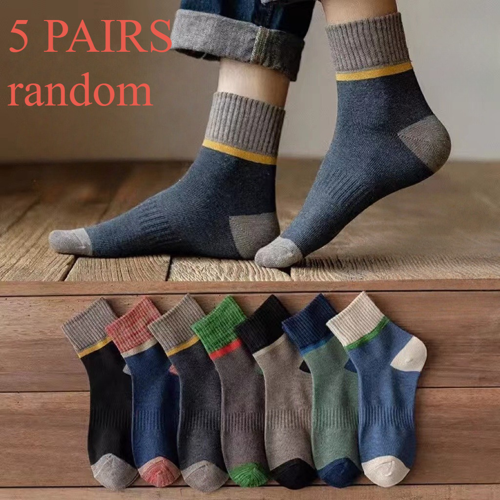 TEMU 5-pair Men' Assorted Random Color Contrast Mid-calf Socks - Warm Winter Thermal Suitable For Casual, Athletic & Casual Attire, Machine Washable