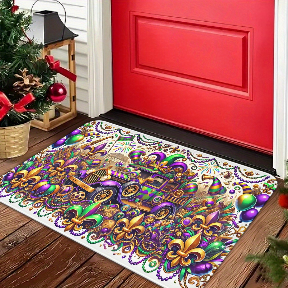 

1pc Mardi Gras Flannel Mat, 1.2cm , Non-slip, Oil & Waterproof, Machine Washable, Polyester Knit, Square Entrance Door Rug For Home Decor, Print