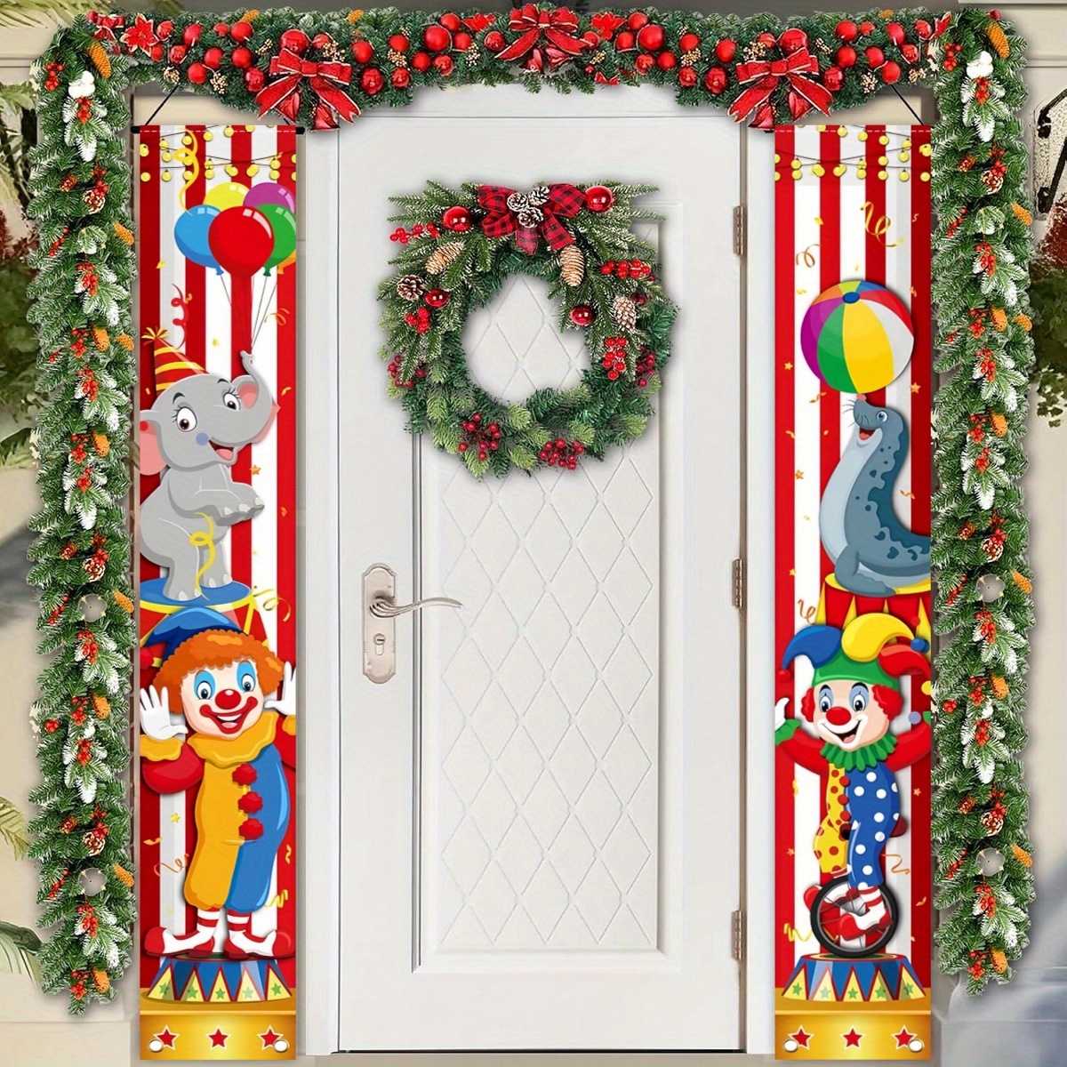 

2-Pack Bannières de porte de de carnaval en polyester, 70,8x12 pouces Drapeaux suspendus sur le thème du cirque, Design de souris et de clown, Pas d'électricité , Décoration extérieure de