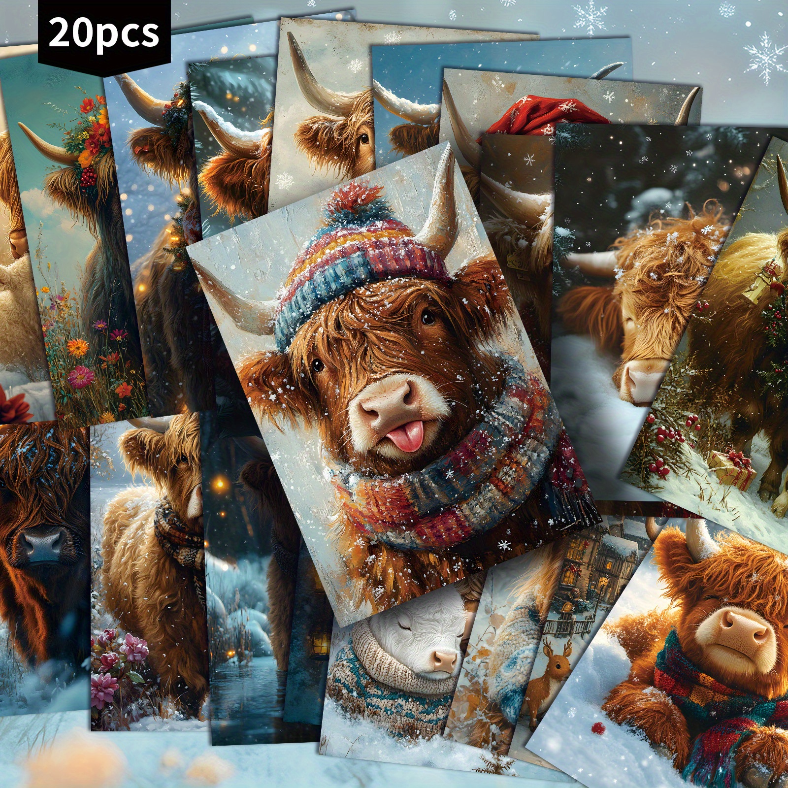 TEMU 20-pack Vintage Scottish Highland Cow Postcards - Retro Scottish Farm Animal Christmas Cards With Fluffy Cozy Winter Scenes, 4x6 Junk Journal