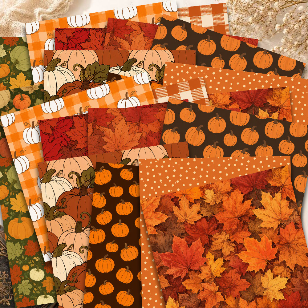 TEMU 24pcs 5.9 X 5.9 Inch Autumn Pumpkin Maple Leaf Paper, Harvest Pumpkin, Leaf, Plaid And Polka Dot Pattern Material Paper, Suitable For Collage