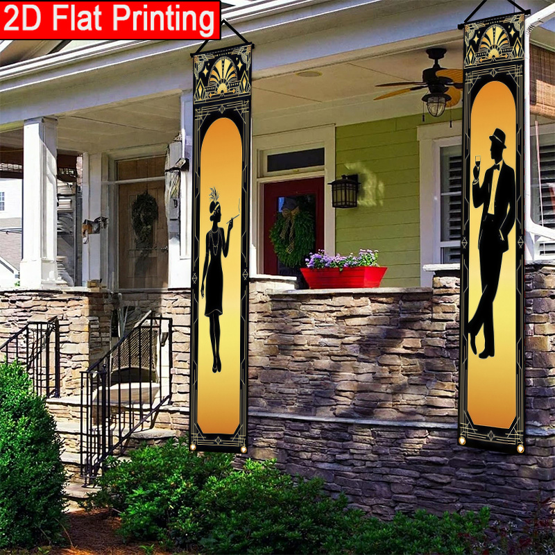 TEMU 2d Flat - 1 Pair 2d Flat Polyester Roaring 20s Party Banner Decorations Black Golden 1920s Hanging Banner Flag For Retro 20s Birthday Ball Party