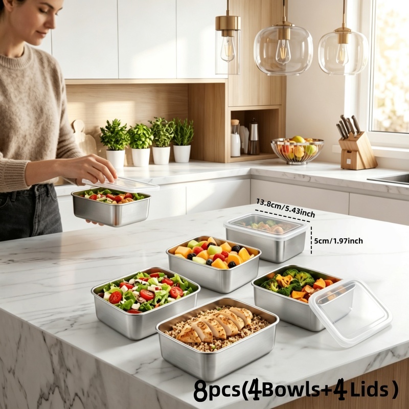 TEMU 4pcs Set: 4 Bowls With 4 Lids. High-quality Stainless Steel Food Storage Containers With Lids, Small Portable, Stackable, Freezer-safe Square