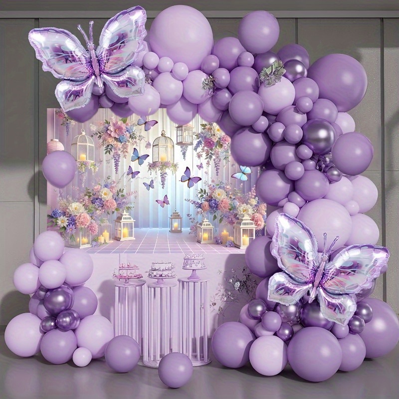 

107pcs Balloon Arch Kit, Polyester Fabric Backdrop With Purple & Lavender Foil Butterflies, No Electricity Needed, For Birthday, Wedding, Day, Valentine's Party Decor