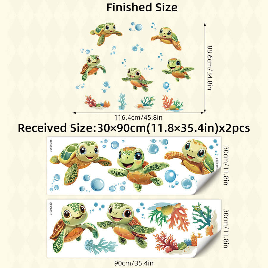 2pcs Removable Pvc Watercolor Turtle Wall Stickers - Cute Animal Decals For Bedroom, Bathroom & Decor - Self-adhesive, Semi-, Easy To Apply & Remove, Turtle Decor