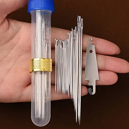 20pcs thimble threader set large eye hand sewing needles large eye steel needles traditional old man needles hand sewing clothes quilts needle tube color red and blue random household thin and long hand sewing clothes quilts embroidery needles