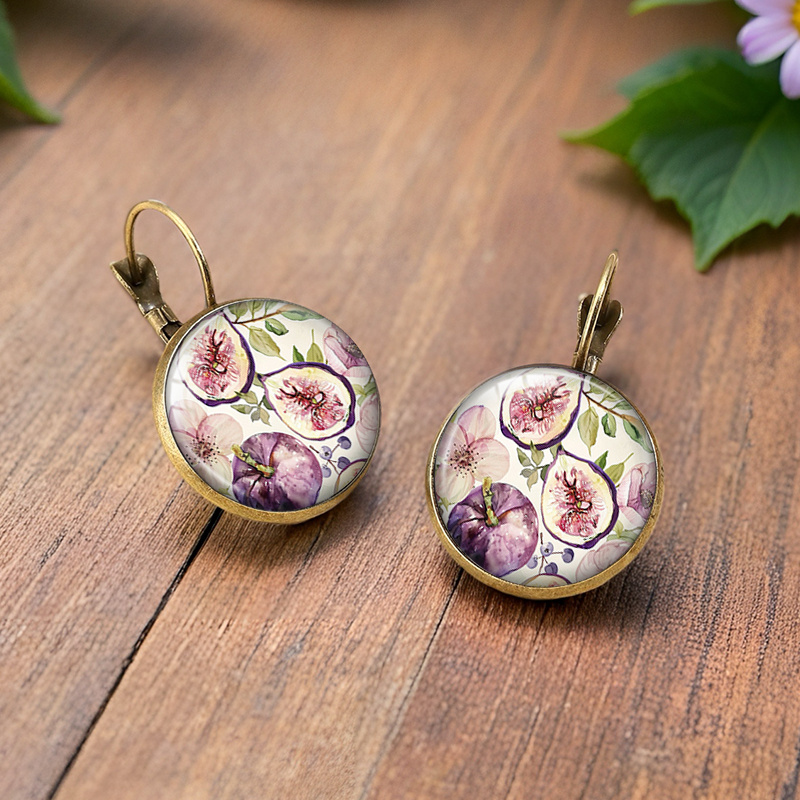 Watercolor Fig Minimalist Glass Circular Earrings, Gift