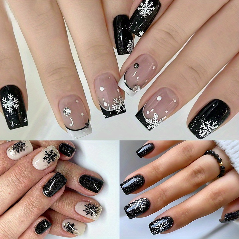 TEMU 72pcs (3pcs) Black Short Square Fake With Patterned Snow Snow Scene Gloss Full Set Of Acrylic Fake Nail, Suitable For Women